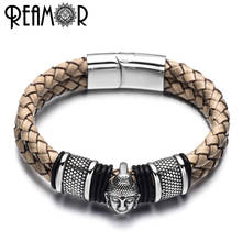 REAMOR Men Jewelry 316l Stainless Steel Thailand Buddha Head Bracelets Bangles Gray Genuine Leather Bracelet With Magnetic Clasp 2024 - buy cheap