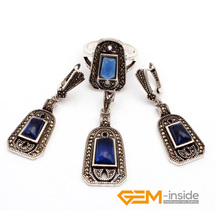 Pendientes de anillo de plata tibetana para mujer, conjunto de joyería con colgante de cristal azul, a la moda, regalo de cumpleaños y Navidad 2024 - compra barato