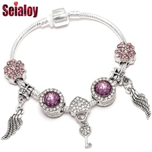 Fashion New Vintage Brands Bracelet For Women Purple Crystal Flowers Wing Beads Heart Charm Bracelet Bangle Jewelry Gift 2024 - buy cheap