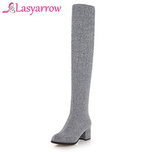 Lasyarrow-calcanhar extensível, justo sobre o joelho, sexy, salto largo, salto médio, tamanho grande, 32-43, sapatos de enfiar, f221 2024 - compre barato