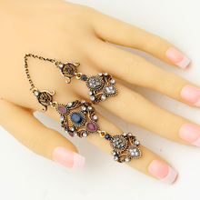 Good Deal Vintage Turkish Double Finger Rings Women Antique Flower Rhinestone Ring Anillos Ethnic Dance Decoration Retro Jewelry 2024 - buy cheap