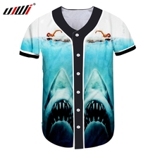 Camisa de beisebol ujwi, camiseta masculina para homens, nova estampa slim fit com estampa 3d de tubarão marinho, roupa casual de tamanho grande, camiseta unissex com botão 2024 - compre barato