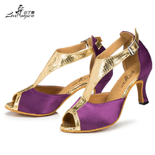 Ladingwu New Satin and Snake texture PU Dance Shoes Latin Women Apricot Purple Gray Black Soft Bottom Ballroom Dance Shoes Women 2024 - buy cheap