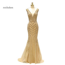 ruthshen 2020 Sexy Deep V-Neck Diamonds Long Gold Formal Evening Gowns Robes De Soiree Prom Dress Evening Dresses Mermaid Style 2024 - buy cheap