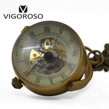 Vintage Retro Brass Steampunk Rotating Ball Style Glass Skeleton Mechanical Pocket Watch Clock W/Chain Necklace Relogio De Bolso 2024 - buy cheap