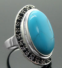 Anel de prata esterlina 925 com gemas ovais azul e turquesa, 17x30mm 2024 - compre barato