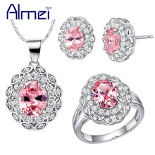 Almei conjunto de joias de cor prata rosa, grande, cristal azul, colares para mulheres, conjuntos de bijuterias para casamento t491 2024 - compre barato