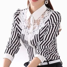 Women Blouse Long Sleeve Lace Tops Striped Turn-Down Collar Blouses Official Female Formal Shirt Spring Autumn 2024 - buy cheap