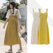 2020 summer vintage slim high waist back bow spaghetti strap cotton and linen a-line women dress 2024 - buy cheap