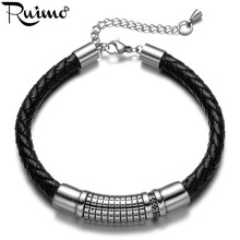 RUIMO Genuine Braided Leather Bracelet with 316l Stainless Steel Lattice Bend Barrel Beads Fit Adjustable Chain Lobster Clasp 2024 - buy cheap