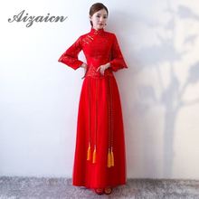 Noiva vermelha laço longo cheongsam china femme casar vestido vintage qi pao vestido de casamento chinês qipao robe orientale vestidos femininos 2024 - compre barato