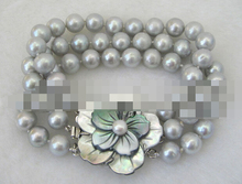 FREE SHIPPING@@ 1026 3row gray round freshwater pearl bracelet-shell clasp 2024 - buy cheap