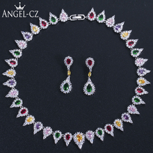 Angelcz lindo micropave indiano zircônia cúbica multicolorido waterdrop pedra traje de casamento jóias colar conjunto para a noiva aj163 2024 - compre barato