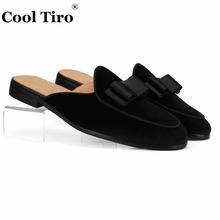 Cool Tiro Black Velvet Mules Men Slippers Moccasins Genuine Leather Casual Shoes Handmade Bow Tie Slip-On Flats Belgian style 2024 - buy cheap