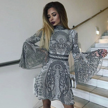 Pretty Geometric Sequin Flare Sleeve Femme Dress Long Sleeve Mock Neck Women Ruffle Tight Waist Mini Bodycon Mesh Club Dress 2024 - buy cheap