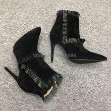 Black Faux Suede Ruffles Thin High Heel Boots Pointed Toe Leather Anklle Boots Flounce Back Zipper Elegant Women Spring Shoes 2024 - buy cheap