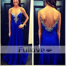 New Royal Blue Crystal Beaded Satin Evening Dresses Long Spaghetti Strap V-Neck Pleat Occasion Party Gowns Rode De Soiree Longue 2024 - buy cheap