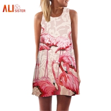 2019 Vestido de Verão Flamingo Impressão Floral Vestidos Boho Para As Mulheres Casual Praia Vestido de Verão Sem Mangas O-Neck Mini Vestidos Vestido Jupe 2024 - compre barato