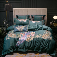 Pavão bordado conjunto de roupa de cama 4/6 peças, roupas de cama de algodão egípcio 1000tc conjunto de roupa de cama lençol 2024 - compre barato