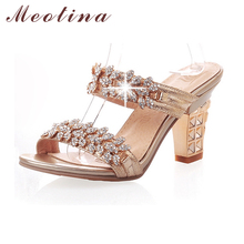 Meotina Bling Ladies Sandals Summer Open Toe Slippers Party  Sandals Chunky High Heels Shoes Women Rhinestone Gold Size 34-39 2024 - buy cheap