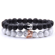 Trendy Black White Natural Stone Beads with Gold Silver Crystal Alloy Crown Bracelet For Women Men Couple Bangles Jewelry BR9161 2024 - buy cheap