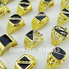 30pcs Hot Selling Cool Mix Style Czech Rhinestones Black Enamel Gold Plated Fashion Mens Rings Wholesale Jewelry Lots A-048 2024 - buy cheap