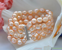 Nueva pulsera de perlas de agua dulce barroca rosa de 8-9mm natural de 4 filas 8 pulgadas 2024 - compra barato