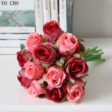 YO CHO 2 unids/lote boda simulación de flor falsa Flor de seda artificial ramo de rosas 12 cabeza de novia ramo flores rosas 2024 - compra barato