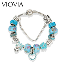 VIOVIA de lujo azul de marca de cristal de corazón de amor de Madre Regalos de Rhinestone DIY Pulseras de perlas Pulseras de colgantes brazalete Mujer B16094 2024 - compra barato