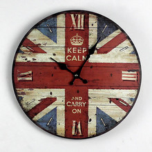 2015 Limited New Arrive Zakka Nostalgic Style British Flag Painted Wood Wall Clock Round Electronic Clocks For Home Decoration 2024 - buy cheap