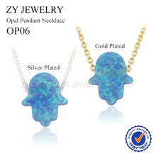 Qmp = 1 peça frete grátis cor dourada, colar banhado a prata 11x13mm luz azul hamsa fatima colar de opala manual joias para mulheres 2024 - compre barato