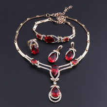 OEOEOS Vintage Water Drop Red Garnet Gold Color Jewelry Sets Earrings Bracelets Set Necklace Pendant Rings For Women 2024 - buy cheap