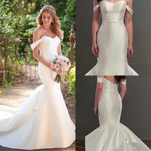 Vestido de novia de sirena con cinturón, vestido de novia con escote y hombros descubiertos de satén modesto, cintura Natural, manga casquillo, botones en la espalda 2024 - compra barato