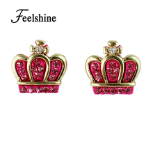 Feelshine Luxury Brand Women Jewelry Gold-Color With Blue Hotpink Rhinestone Crown Shape Cute Stud Earrings Accessories 2024 - buy cheap