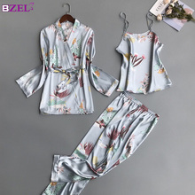 Женские пижамные комплекты из 3 предметов, модные атласные пижамы на тонких лямках, женская пижама с длинным рукавом и цветочным принтом, домашняя одежда 2024 - купить недорого