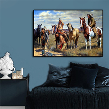 Indiano nativo retrato pintura pastagem cavalo lona cartazes e cópias escandinavo arte da parede imagem para sala de estar 2024 - compre barato