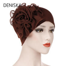 DENISKA Women Flower Muslim Ruffle Chemo Hat Beanie Scarf Turban Head Wrap Cap Casual Cotton Chiffon  high quality knitted hats 2024 - buy cheap
