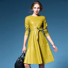 Customize 2017 New Fashion Spring Autumn Winter Sexy Faux Leather A-Line Dress Long Sleeve Women Black Yellow Dresses Vestidos 2024 - buy cheap
