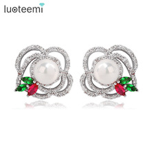 LUOTEEMI Fashion Multi CZ Flower Stud Earrings for Women Single White Imitation Pearl Elegant Jewelry White Gold-Color Brincos 2024 - buy cheap