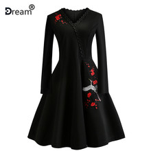 Flamingo Print Embroidery Vintage Dress Women 50s Rockabilly Autumn Robe A-Line Party Dresses Floral Feminino Vestidos De Fiesta 2024 - buy cheap