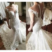 Luxury Lace Mermaid Wedding Dresses 2020 vestido de novia Sheer Illusion Back Sweep Train Bridal Gowns Custom Made gelinlik 2024 - buy cheap