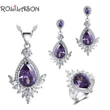 ROLILASON Purple Zircon Crown shape water drop design   For girl Earrings Necklace Rings Jewelry Sets JS773 2024 - buy cheap