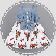 Kids Girl Floral Denim Dress Bow Ruffle Sundress Summer Sleeveless Stitched button bow dress 1-6Y 2024 - buy cheap