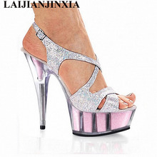 LAIJIANJINXIA-Sandalias de cristal rosa para mujer, zapatos de tacón alto de 15cm, zapatos de boda con flores de 6 pulgadas, zapatos de gladiador sexy para mujer 2024 - compra barato