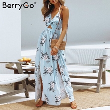 BerryGo Bohenmian dresses floral print chiffon women long dress Sexy halter v-neck vintage summer boho dress split beach dress 2024 - buy cheap
