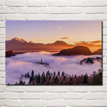 Golden sunrise-carteles sobre montañas, arte para el hogar, decoración de sala de estar, castillo, niebla, paisaje natural, tela, KE698 2024 - compra barato