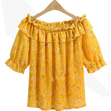 Blusa de chiffon feminina, moda coreana para primavera e outono, plus size 5xl com ombro de fora, manga plissada, camisa amarela, t76002a, 2017 2024 - compre barato