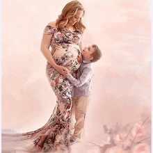 Vestido de maternidade sem ombro, vestido de maternidade maxi sem ombro com estampa de seda e leite, adereços para fotografia de maternidade 2024 - compre barato