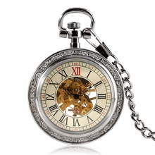 Steampunk Silver Skeleton Mechanical Pocket Watch Chain Open Face Design Hand Wind Women Men Watches Xmas Gifts 2018 New Clock 2024 - buy cheap