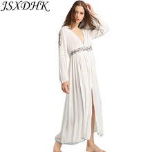 JSXDHK Bohemian Sexy Deep V Neck Long Summer Dress 2021 Vintage Women Cotton Embroidery Floral Long Sleeve Retro Boho Beach Dres 2024 - buy cheap